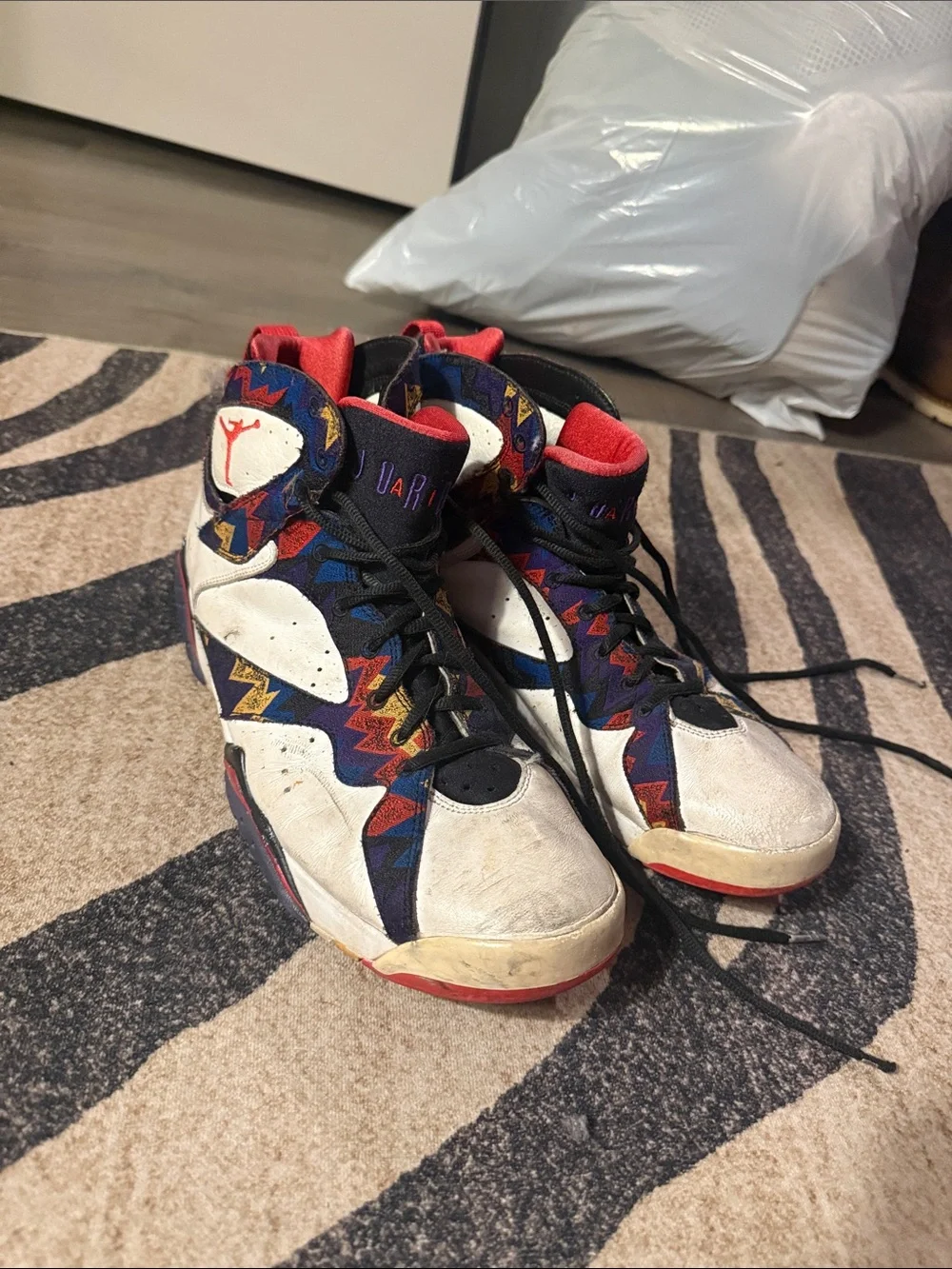 Air Jordan 7 Retro Sneakers in White/Black/Red
